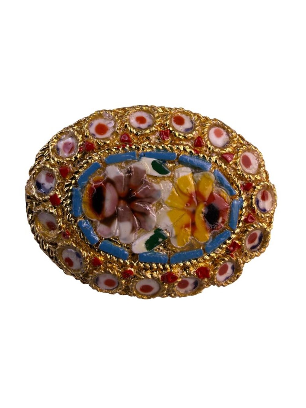 Italian Micro Mosaic Gold Tone Floral Oval Brooch Elegant Vintage Design